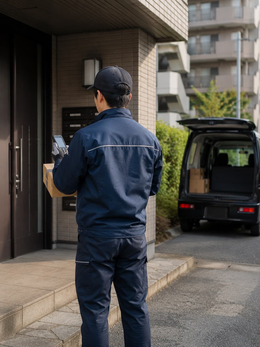 東京北部・マンションラストワンマイル配送の現場。軽バンの脇でハンディ端末を持ったドライバー (後ろ姿) が荷物を確認している様子